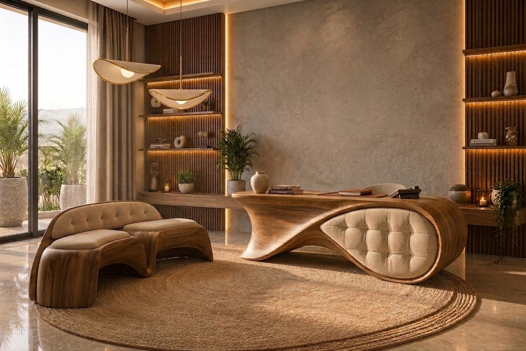 Where organic design meets fine woodworking. A custom executive desk crafted with seamless fluid lines and rich natural wood tones, designed to bring warmth, luxury, and distinction to your workspace.  📍 For bespoke designs and inquiries, send us a direct message.