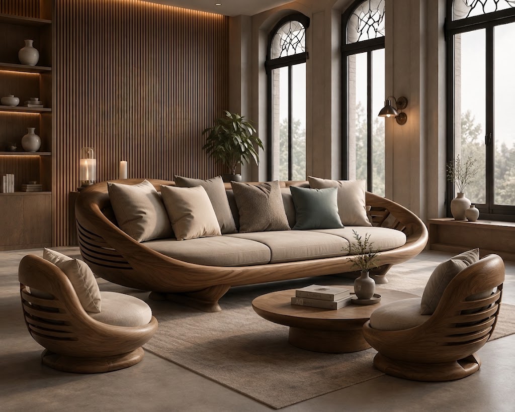 Complete luxury living room interior with custom furniture, wall paneling, and integrated lighting — full interior design and execution by Dervano Studio.