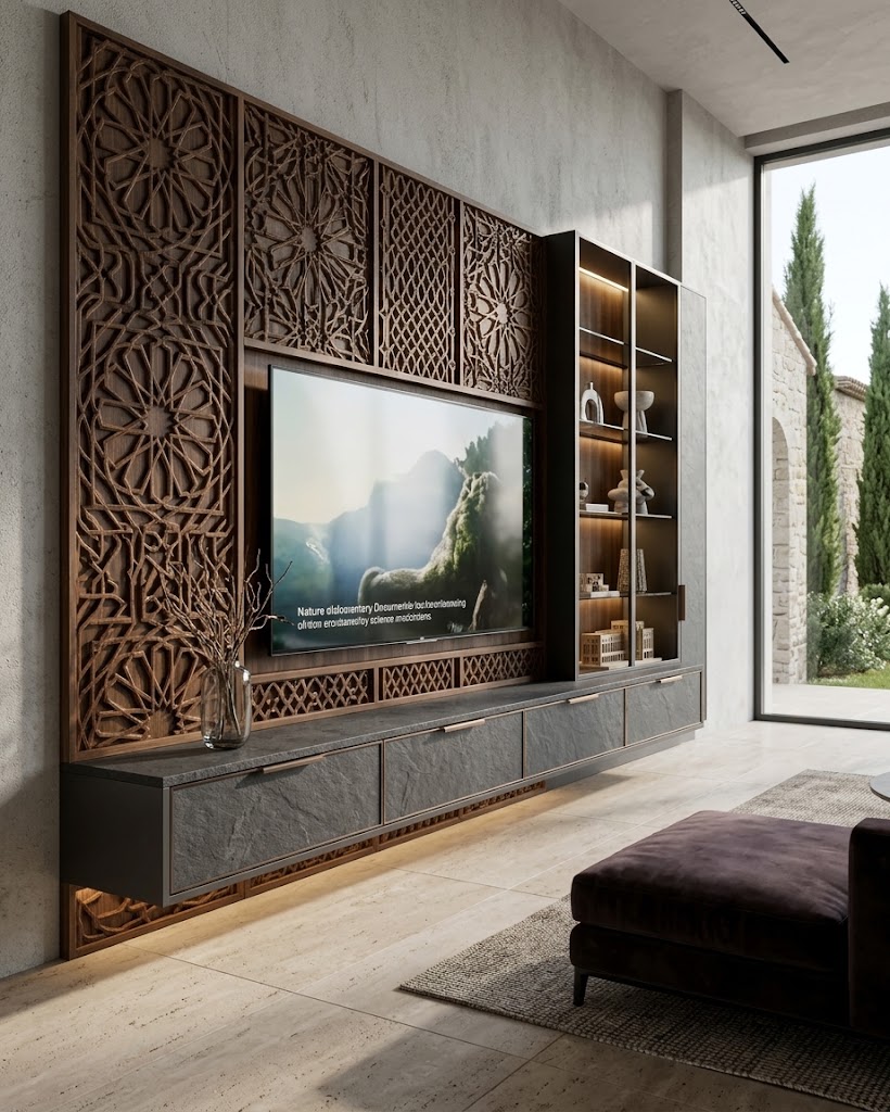 Custom TV unit with fluted wood paneling, integrated storage, and ambient backlighting — luxury media wall design and CNC fabrication by Dervano Studio.