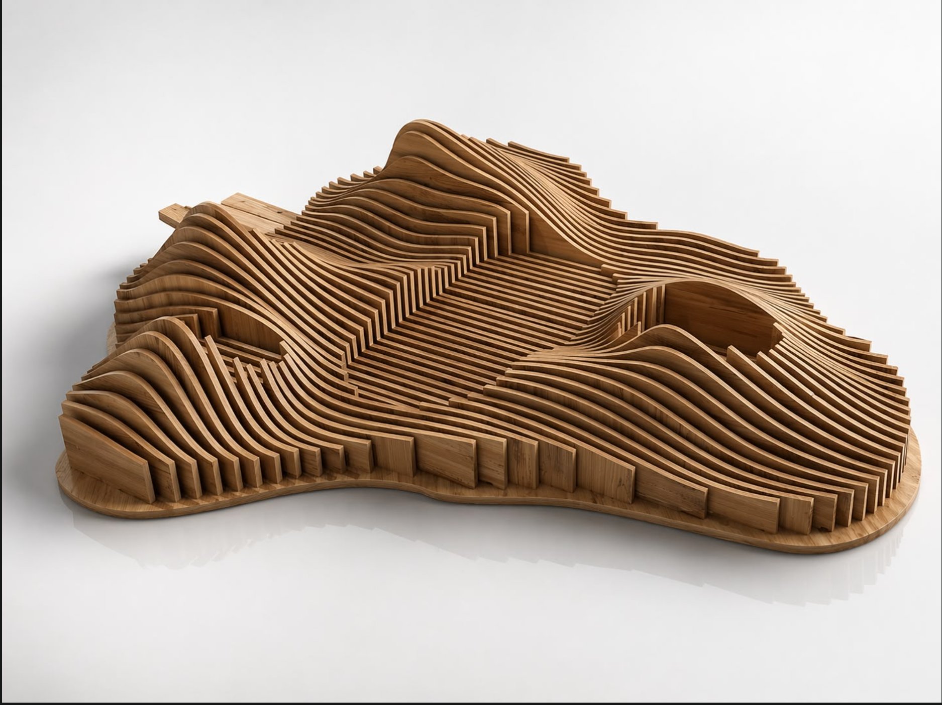 Abstract organic wall relief with flowing curved lines and layered depth — parametric CNC-carved mural blending nature-inspired forms with digital precision by Dervano Studio.