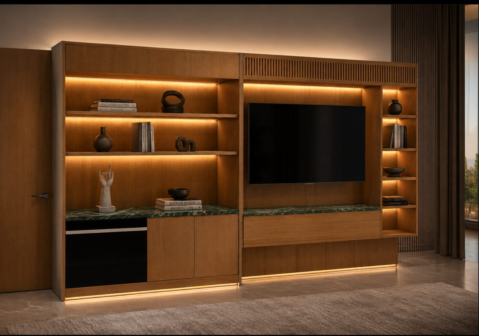 Sleek modern TV wall unit with floating shelves, ambient backlighting, and minimalist storage — custom media wall design by Dervano Studio.