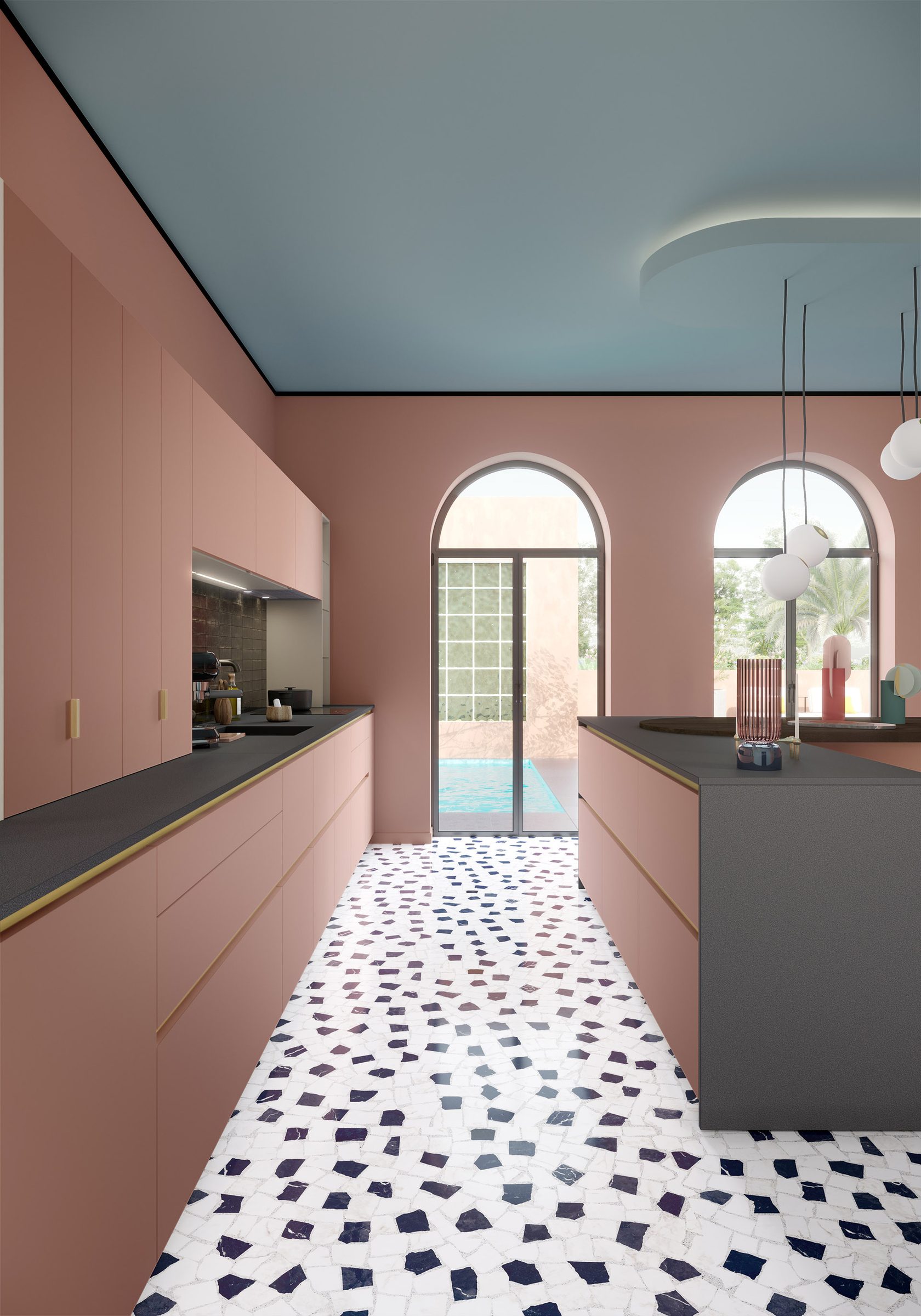 Modern architectural kitchen design with custom terracotta cabinets and dark countertops
