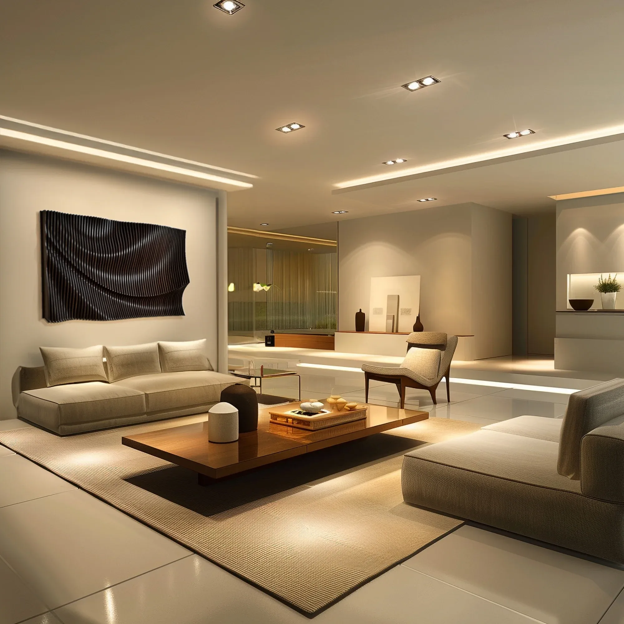 Large parametric wood wall sculpture above a sofa in a modern, luxury living room.